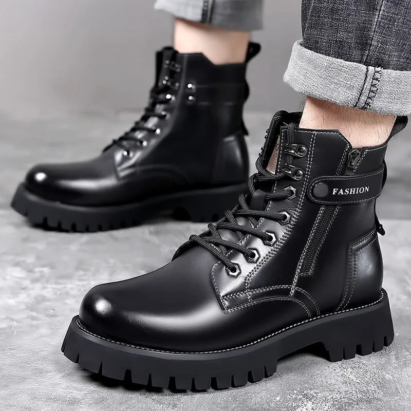 Men's light brown high-top side-zip Martin boots on a thick rubber sole