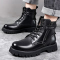 Men's light brown high-top side-zip Martin boots on a thick rubber sole