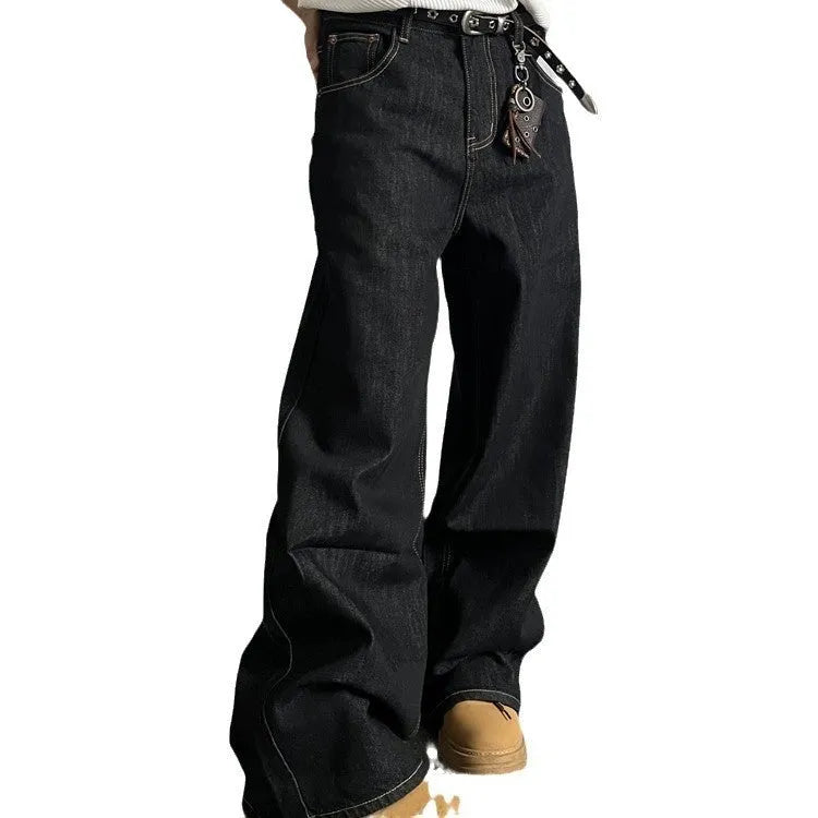 Black retro straight-leg jeans with wide-leg design on hanger
