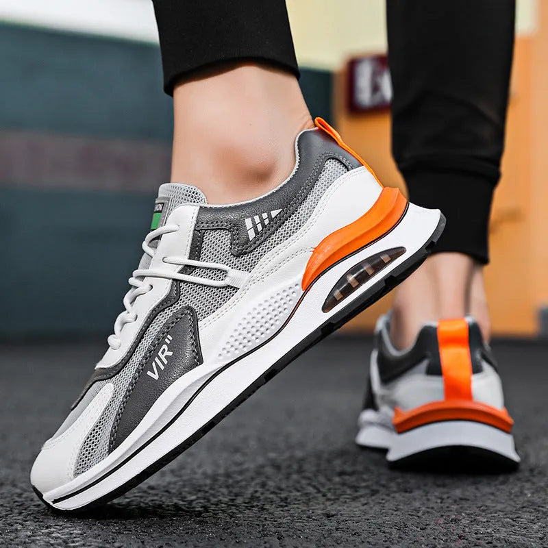 Men's gray breathable mesh running shoes with round toe and EVA sole for jogging