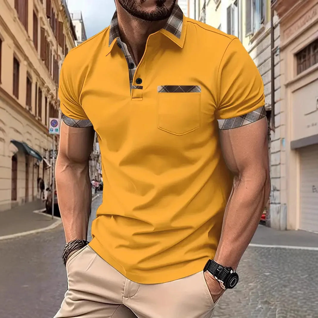 Men's plaid colourblock T-shirt with zip decorations in loose fit style