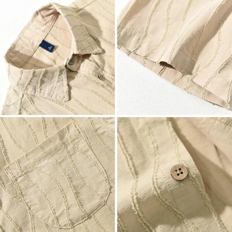 Men's pure cotton casual shirt in apricot colour with short sleeves and loose Japanese style fit