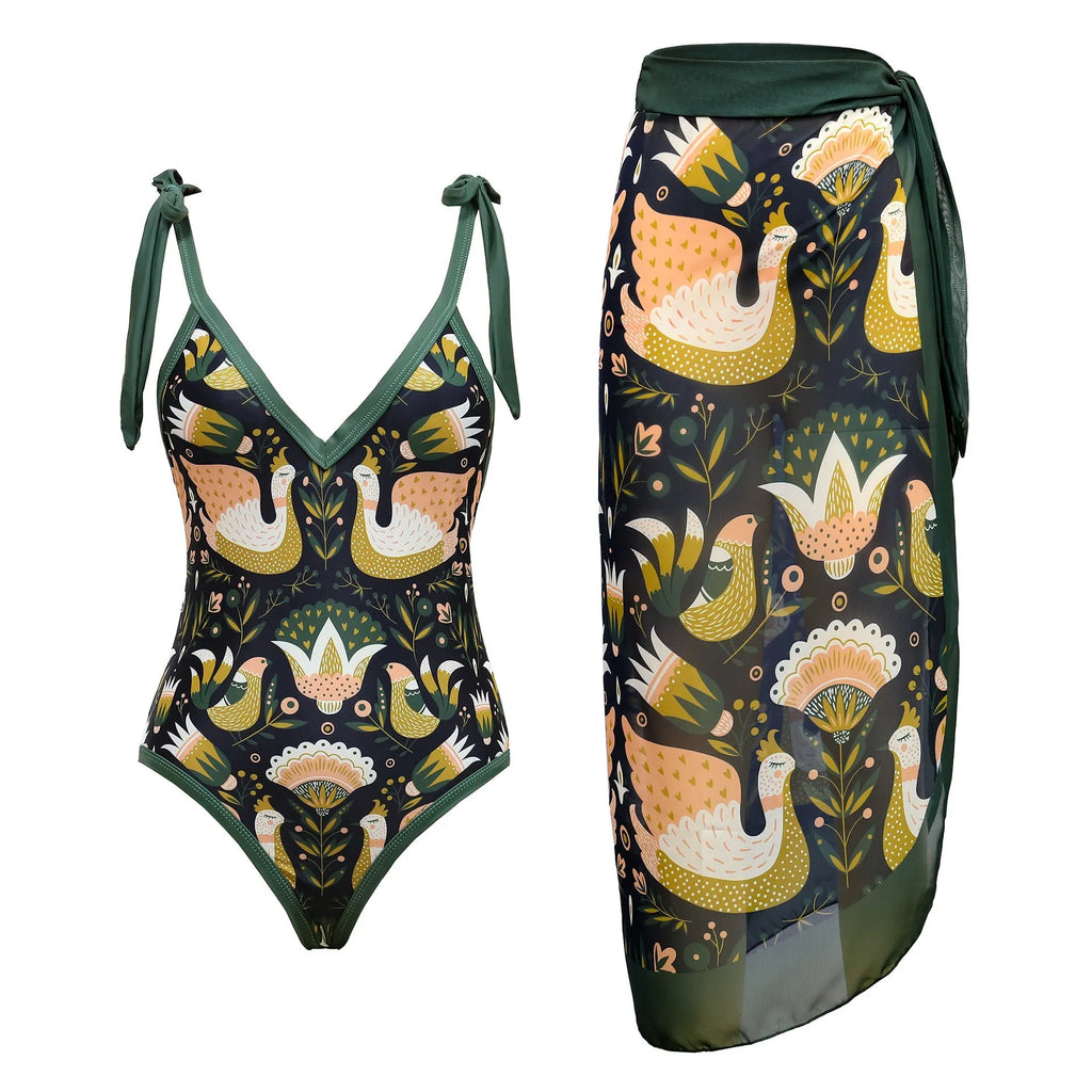 Women's solid colour one-piece swimsuit with spaghetti straps and removable matching skirt