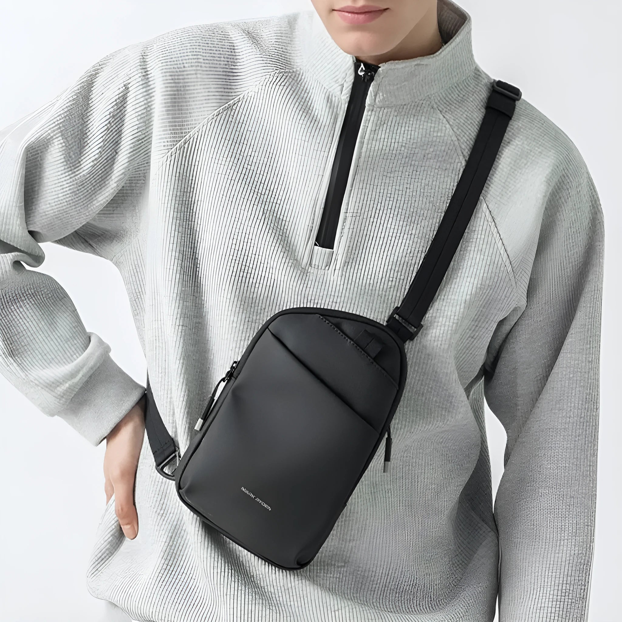 Men's elegant black Oxford cloth crossbody bag with sewing thread detailing