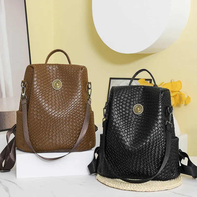 Women's anti-theft backpack large capacity PU material black brown colour with urban simple style