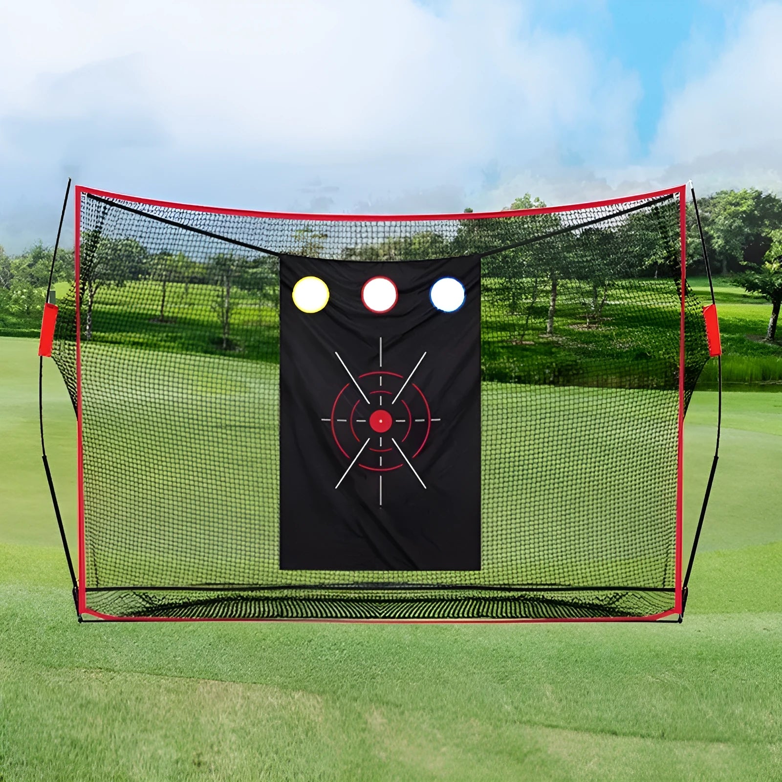 Golf swing wedge training net with cross target design and hitting mat