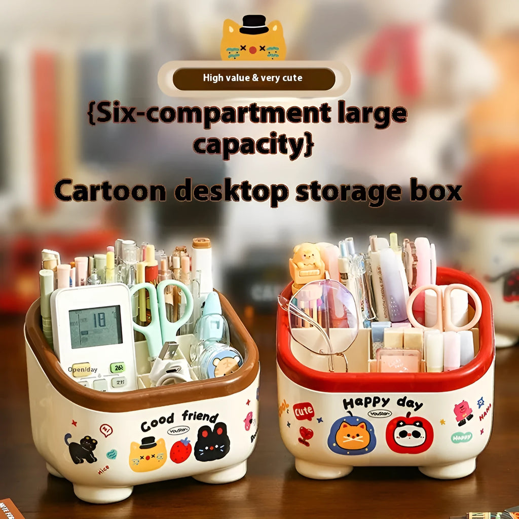 Cartoon-style plastic desktop organiser set with multiple boxes, pen holder, and 2L capacity on a desk.