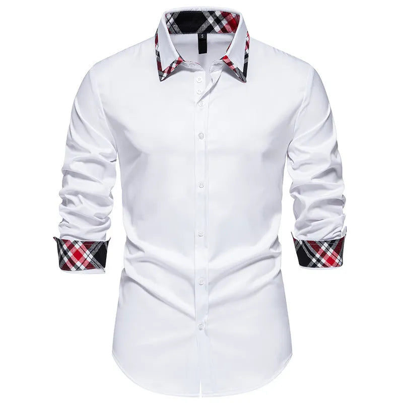 Blue, black, and white men's plaid long sleeve shirt with a triangle collar on a hanger.