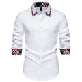 Blue, black, and white men's plaid long sleeve shirt with a triangle collar on a hanger.
