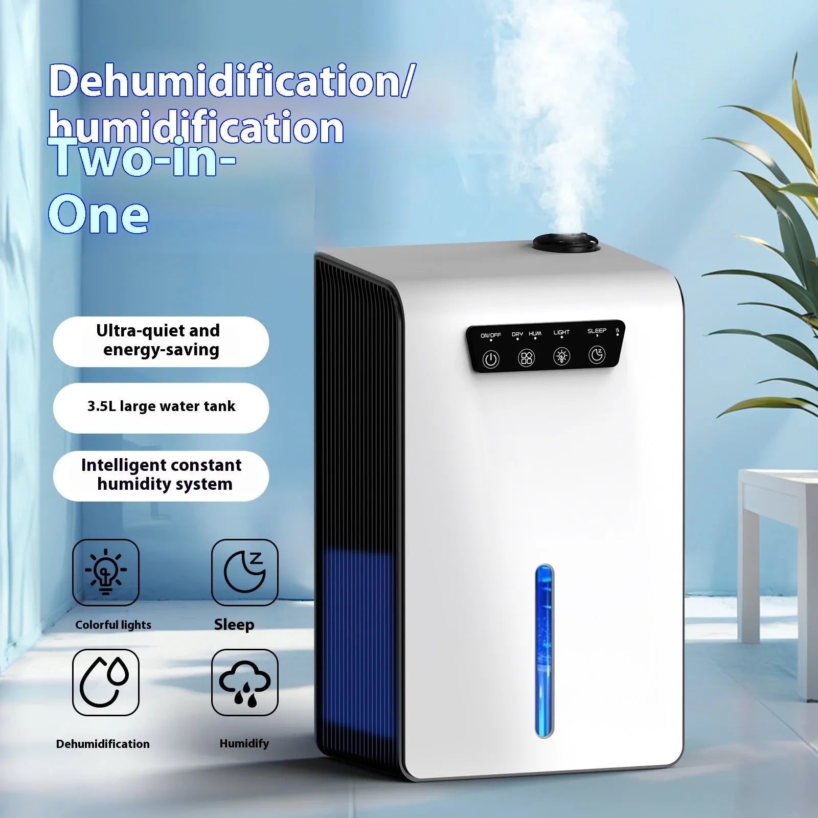 Milky white portable small dehumidifier for bedrooms with a 4-litre water reservoir.