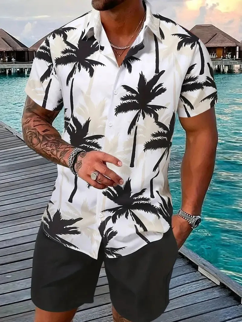 Men's Hawaiian print short sleeve suit set with matching trousers in polyester