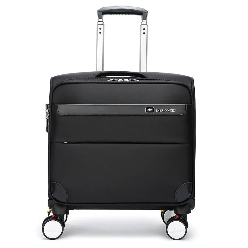 Black 18-inch Oxford cloth business suitcase with telescopic handle and universal wheels.