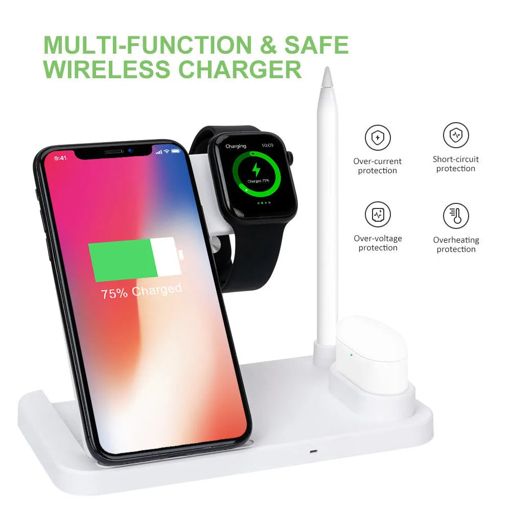 Folding 4-in-1 wireless charger showing multiple charging pads in open position with smartphone placement
