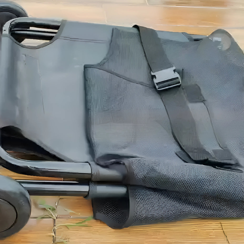 Large black foldable aluminium alloy dog stretcher with carrying handles for emergency pet transport.