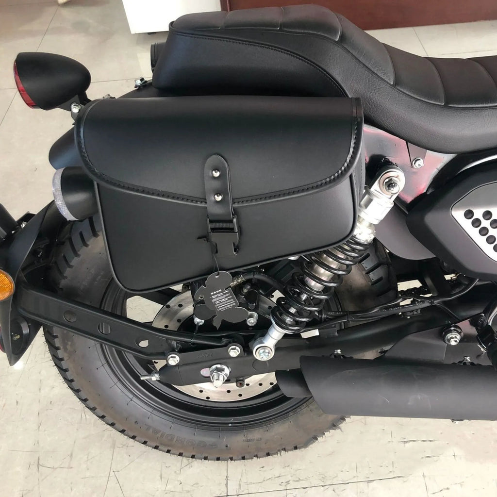 Black PU leather motorcycle swingarm bag for Sportster models measuring 30x24x20cm