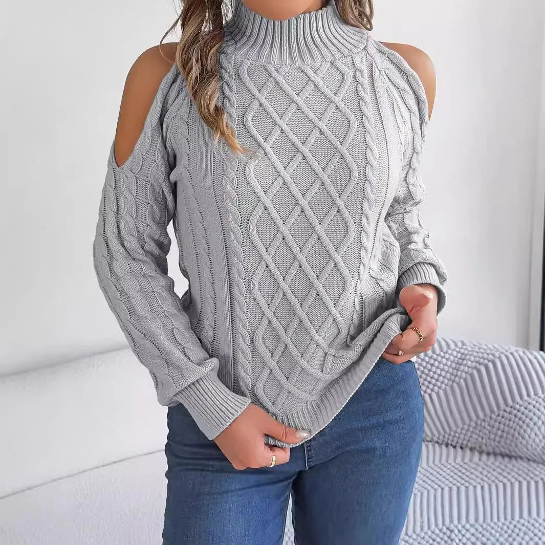 Women's strapless twist pattern sweater with half-high collar and long lantern sleeves