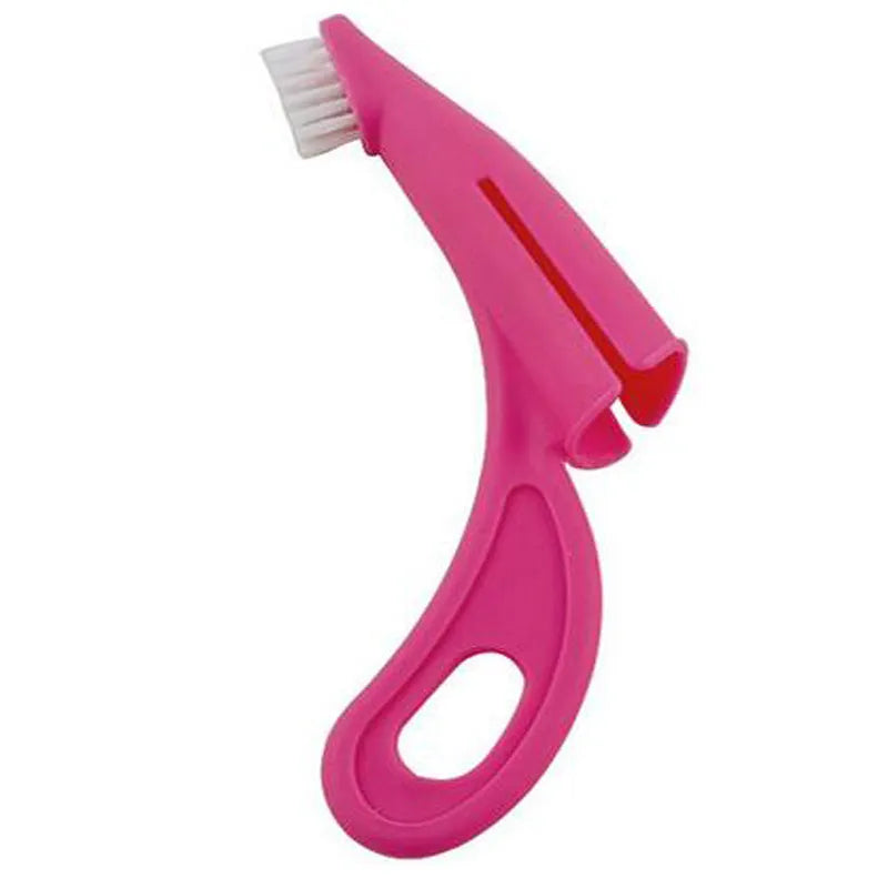 Red and white finger sleeve toothbrush for pet dental cleaning with soft silicone bristles