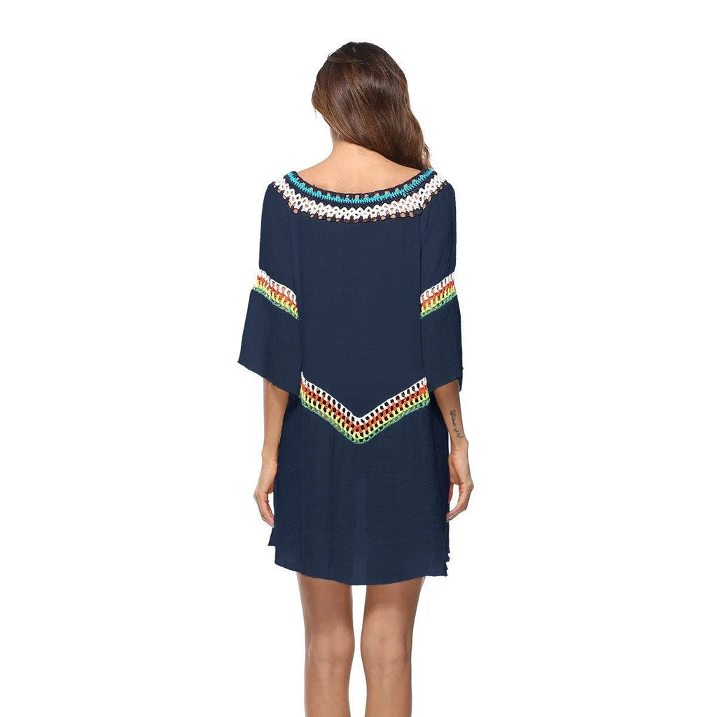 Crocheted ethnic style sun protection clothing for women in apricot, black, sapphire blue, or white.