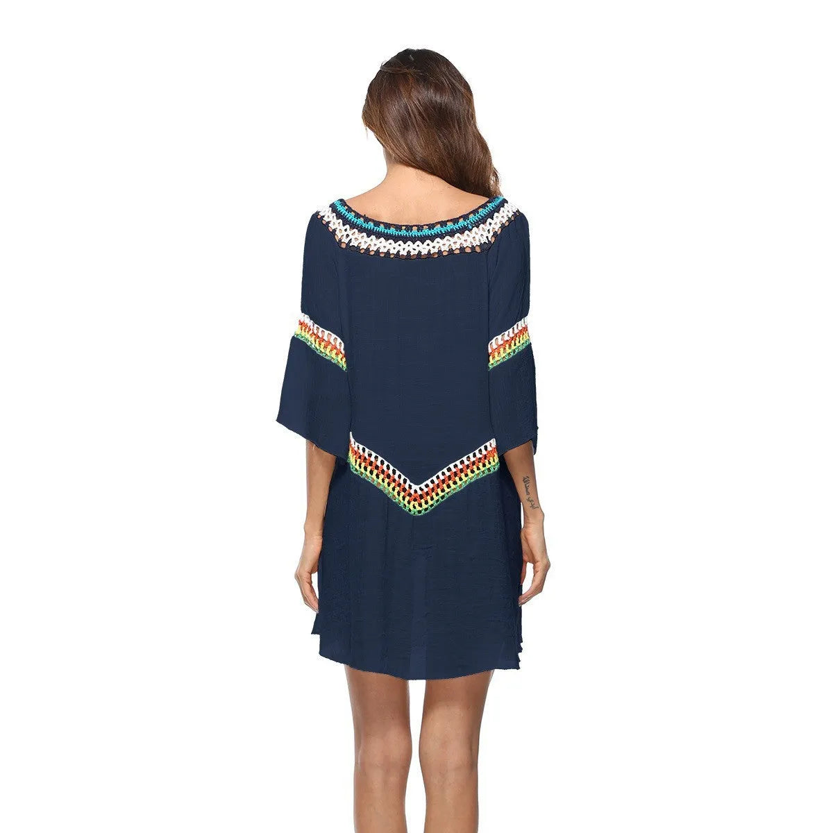 Crocheted ethnic style sun protection clothing for women in apricot, black, sapphire blue, or white.