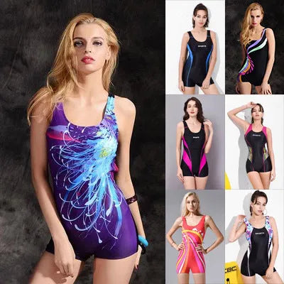 Black and blue women's sleeveless one-piece swimsuit made from quick-drying polyester fabric.