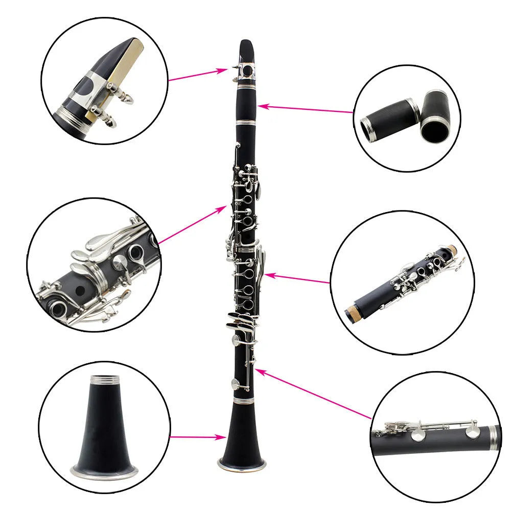 Black beginner clarinet with 17 nickel keys and carrying bag for musical practice