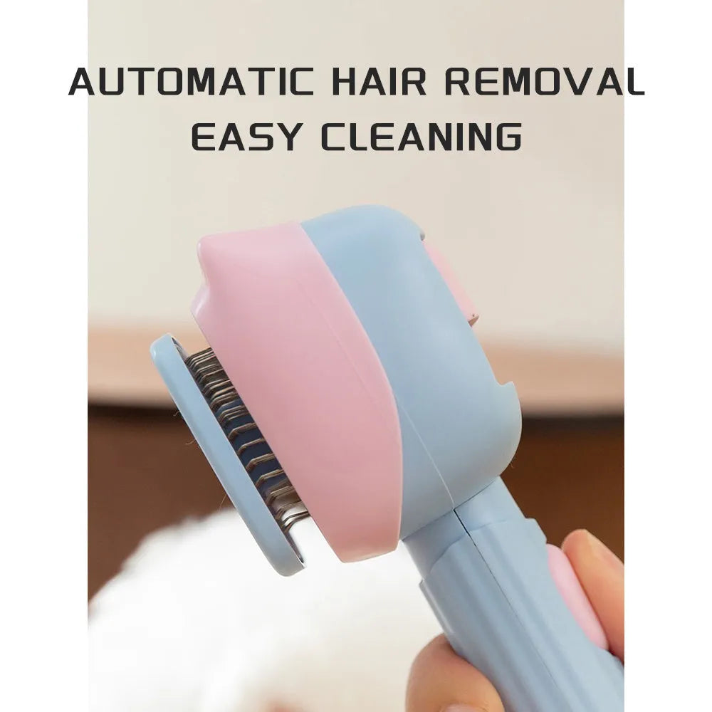 Red double-sided pet grooming brush with de-shedding rake and de-matting comb on a white background