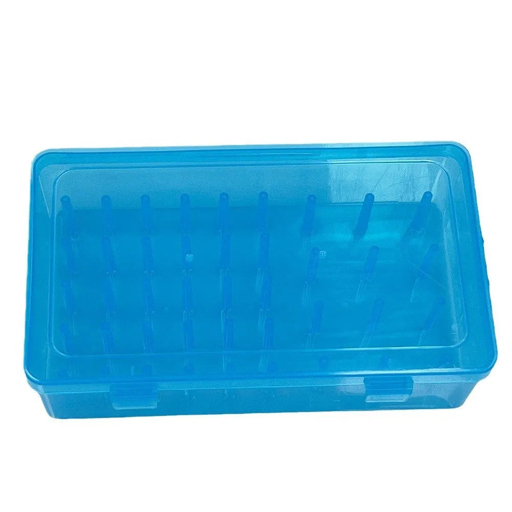 Transparent plastic storage box with 42 compartments for organising embroidery threads and sewing accessories.