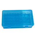 Transparent plastic storage box with 42 compartments for organising embroidery threads and sewing accessories.