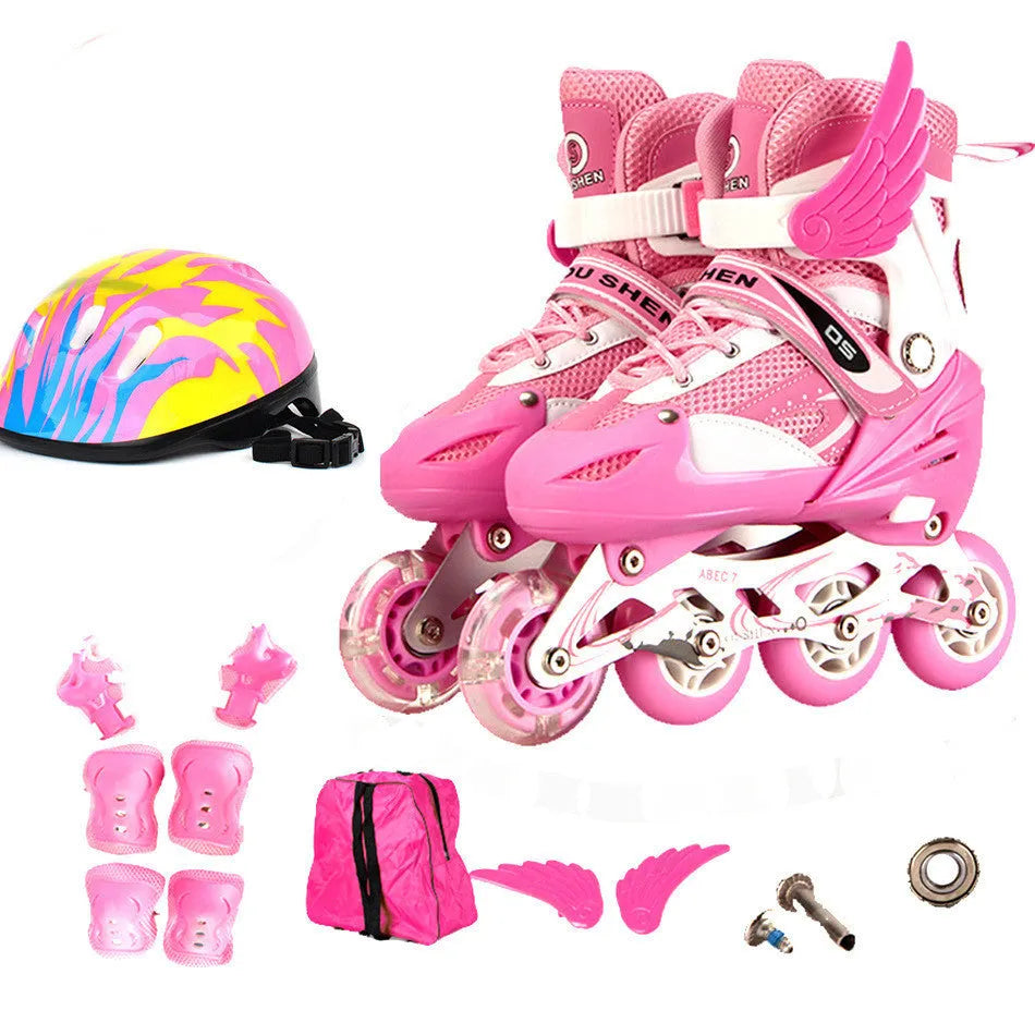 Yellow adjustable children's inline skates with aluminium frame, shown with matching helmet, protective gear, and backpack.
