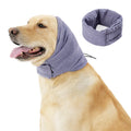 Black noise reduction dog hoodie covering ears and head, polyester fabric, used for calming anxiety and feeding hygiene