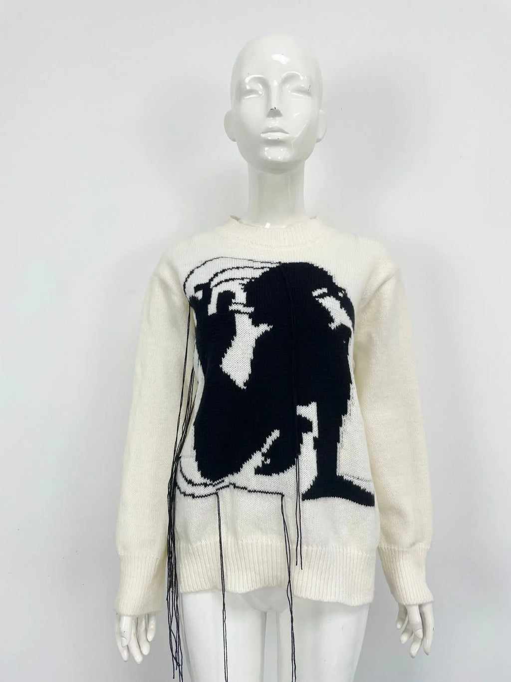Women's loose round neck tassel design sweater in gray alpaca wool blend pullover, front view