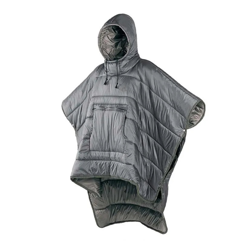 Army Green wearable cloak sleeping bag laid flat showing 200x140cm size and cape hood.