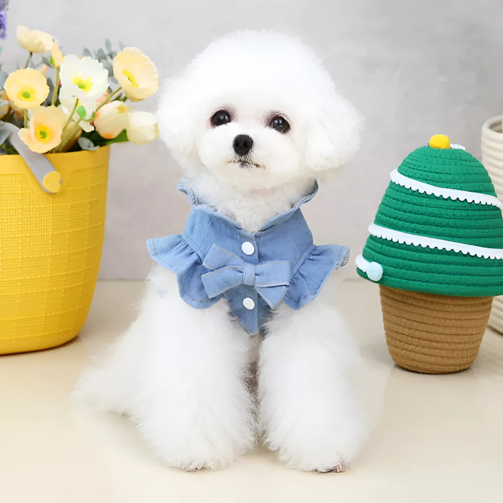 Blue denim dog dress with chest harness and back ruffles in various sizes