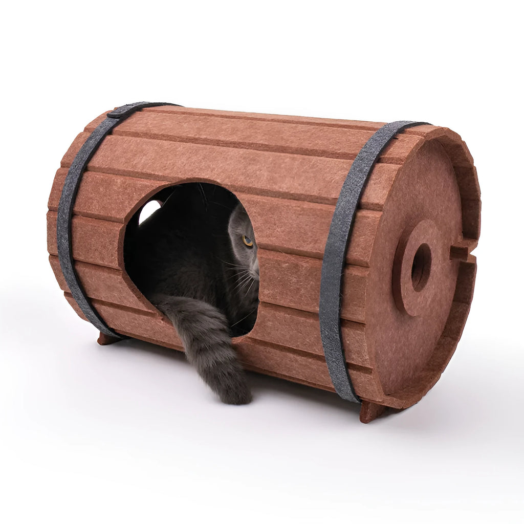 Assembled wine barrel pet bed in polyester fibre felt with binding straps, designed as a cosy cat nest