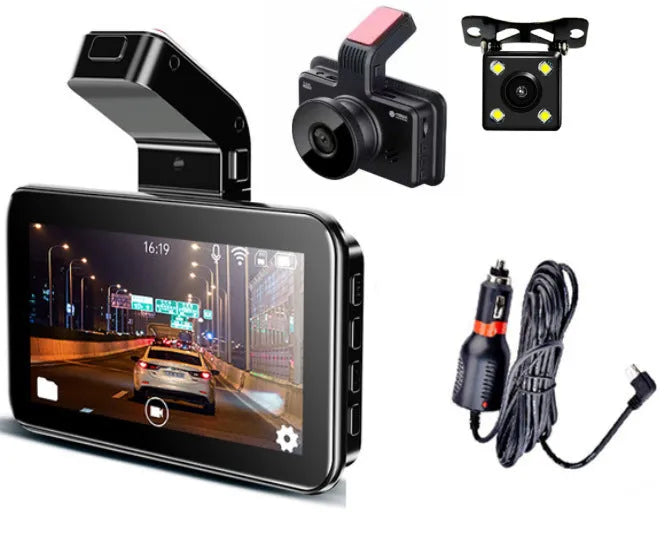 3-inch car DVR with dual lens recording system showing front unit and separate camera for rear recording