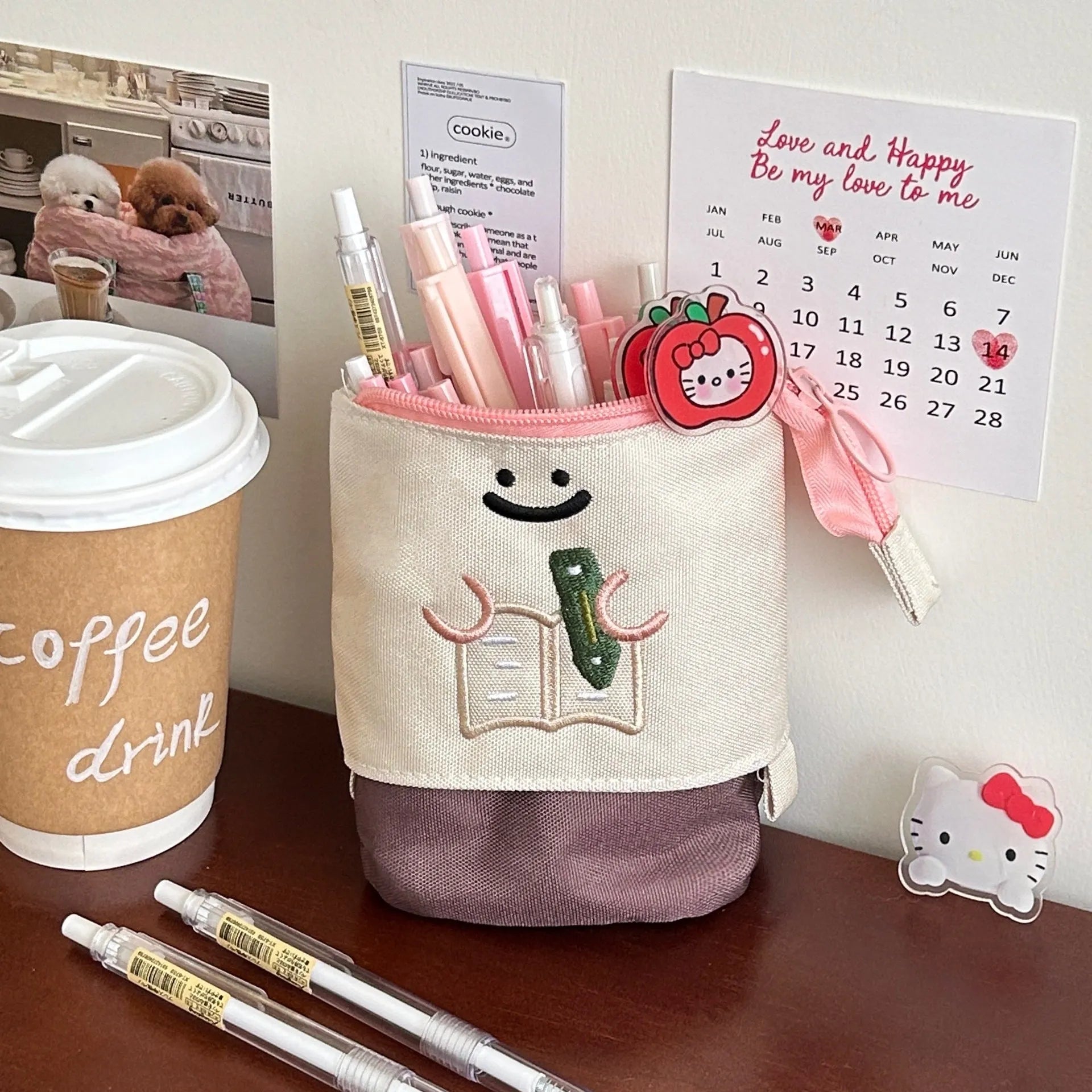 Brown Korean-style collapsible pencil case made from Oxford fabric, showing large capacity design.