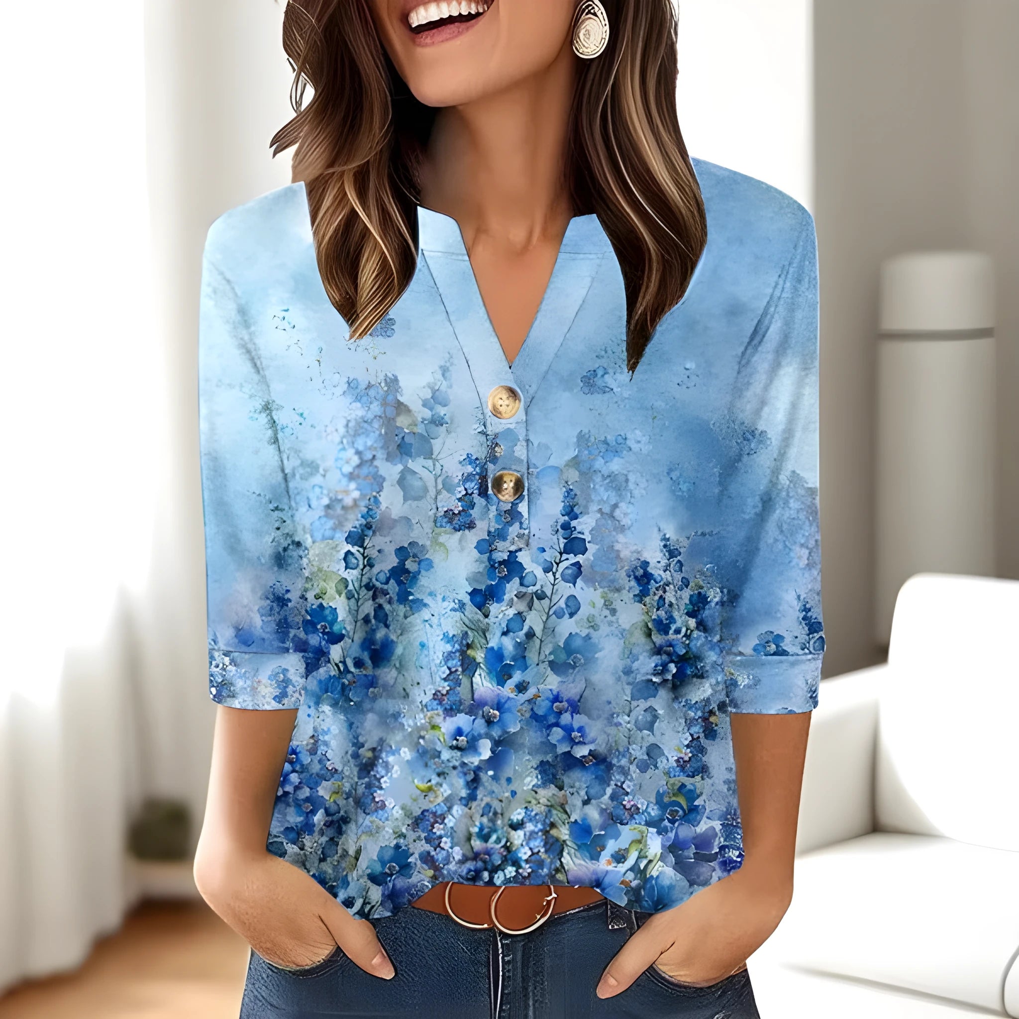 Women's printed V-neck casual top with 3D pattern in loose Japanese Korean style