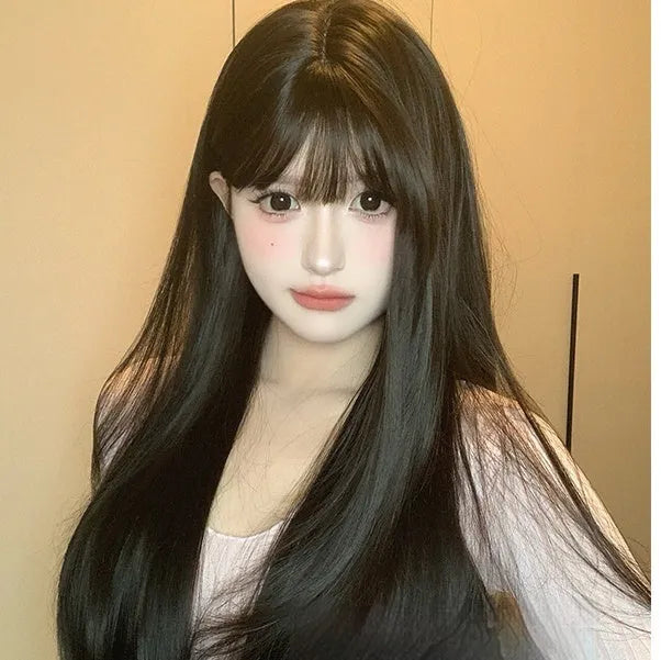 Dark brown long straight hair wig with bangs on a wig stand, full-head design, high temperature fibre