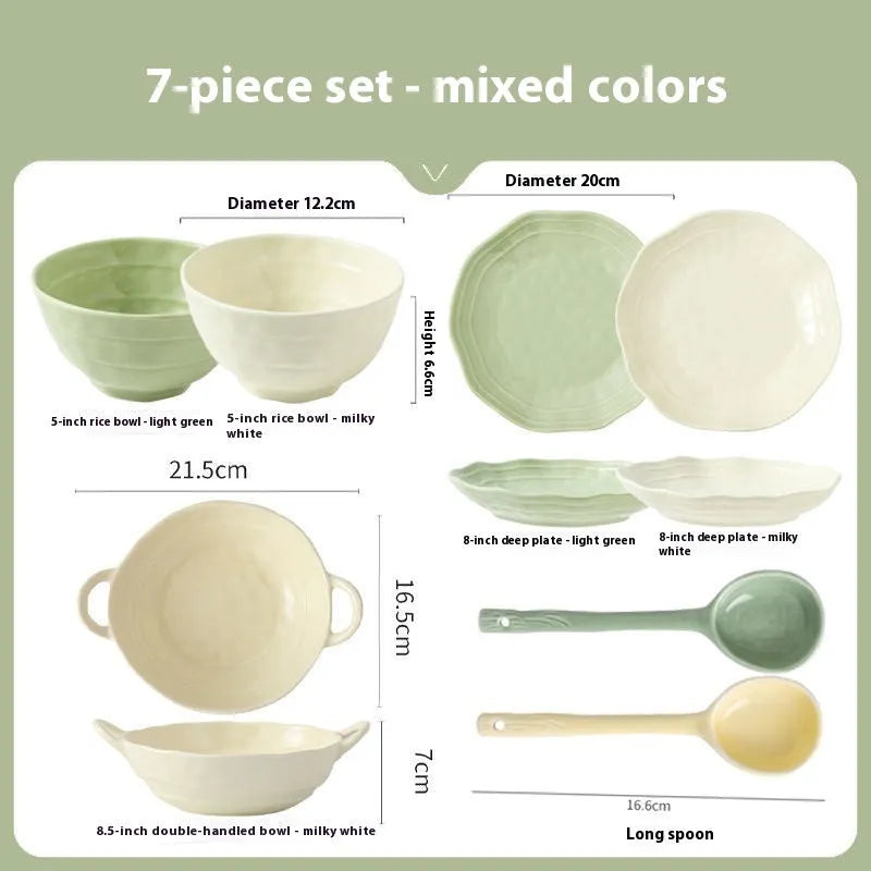 Seven-piece ceramic tableware set with solid colour design and modern Japanese style
