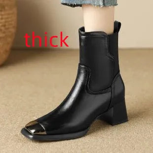 Brown women's cowhide leather Martin boots with a high heel and side zipper on a white background.