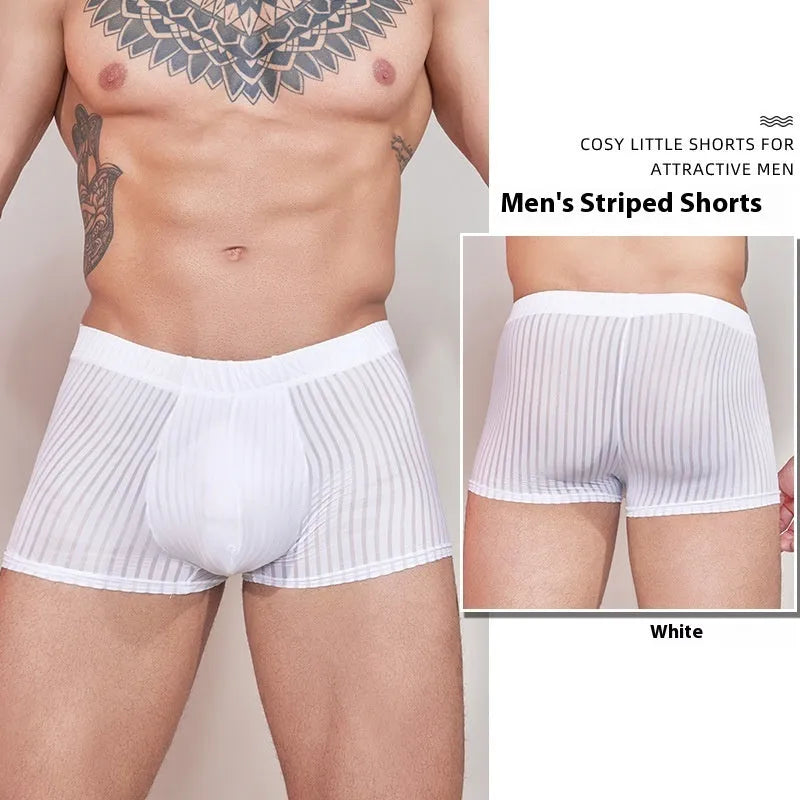 Men's striped underwear in thin nylon fabric, shown in black, dark grey, and white colours.