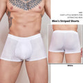 Men's striped underwear in thin nylon fabric, shown in black, dark grey, and white colours.