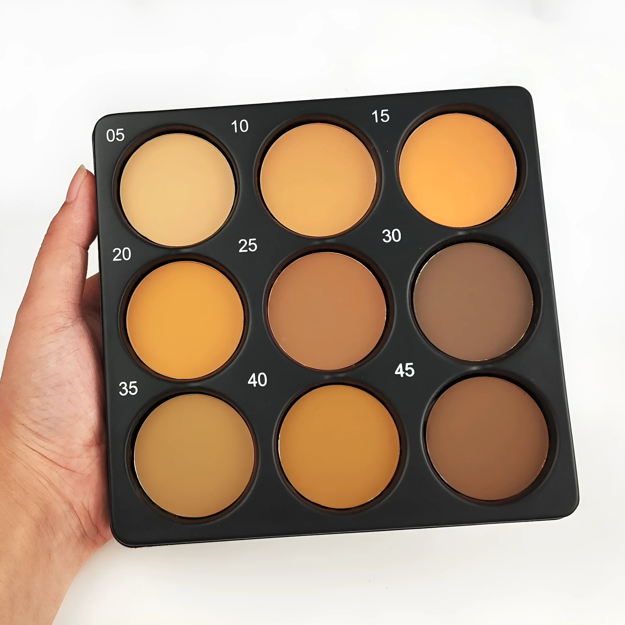Dark matte makeup palette showing nine earthy colours with compact case and repair disk