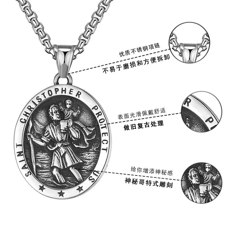 St Christopher titanium steel pendant necklace with 60cm chain, steel colour, geometric Angel motif