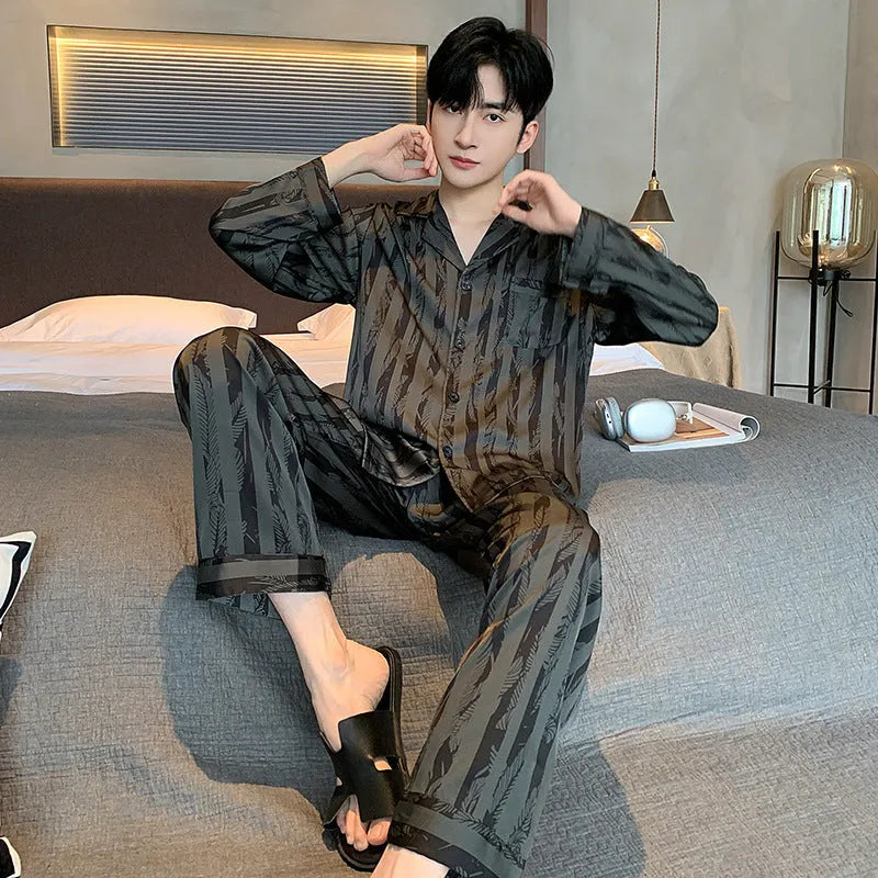 Ice Silk men's pajamas V-neck long sleeve two-piece set in Black Stripes on a model