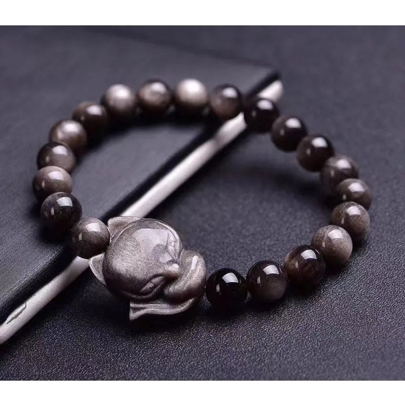 Obsidian fox single ring bracelet for women with polished 8mm obsidian beads and a fox charm
