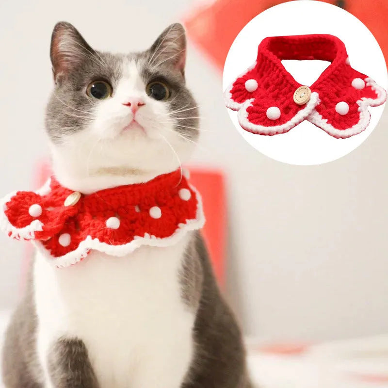Milk cotton knitted pet collar with cartoon pattern, shown in customisable colours for XS, S, M, L sizes.