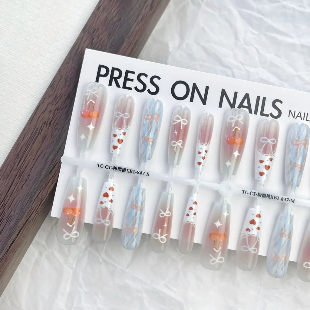 Retro gothic prefabricated nail stickers in pink cherry long ladder shape, 40 pieces per set