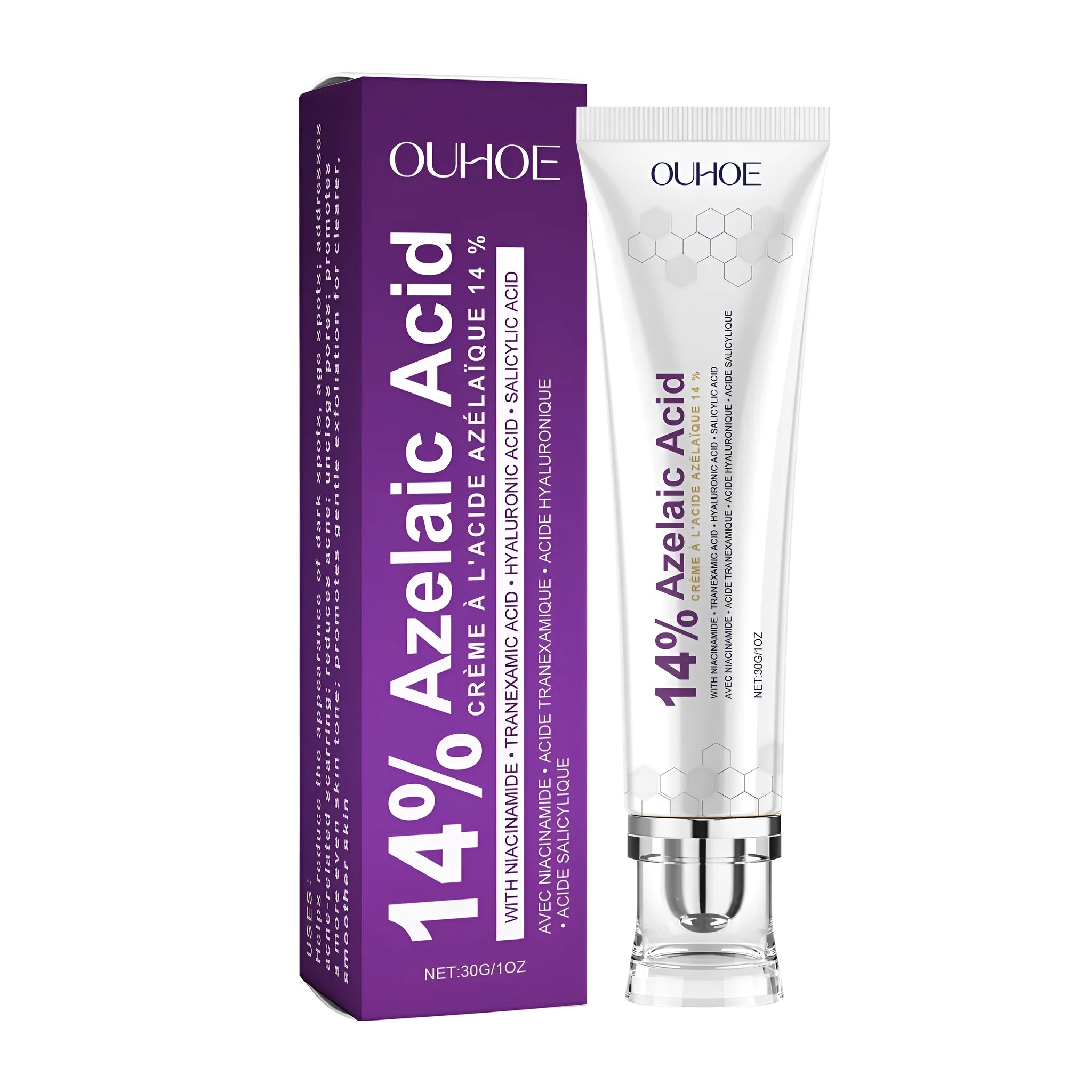30g pot of face cream containing nicotinamide, hyaluronic acid, and salicylic acid.