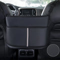Black leather car seat storage bag with carbon fibre pattern measuring 38cm wide